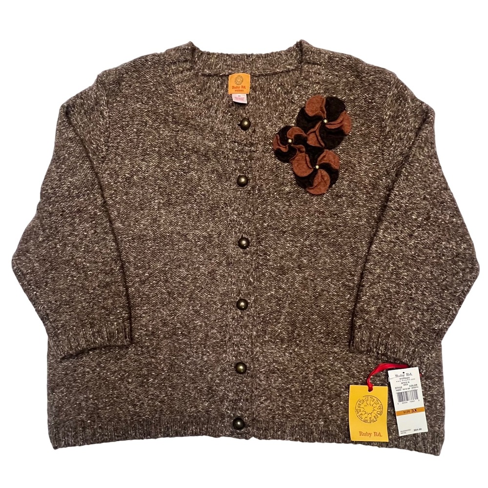 Ruby Rd. Brown Speckled‎ Button Front Flower Appl… - image 1